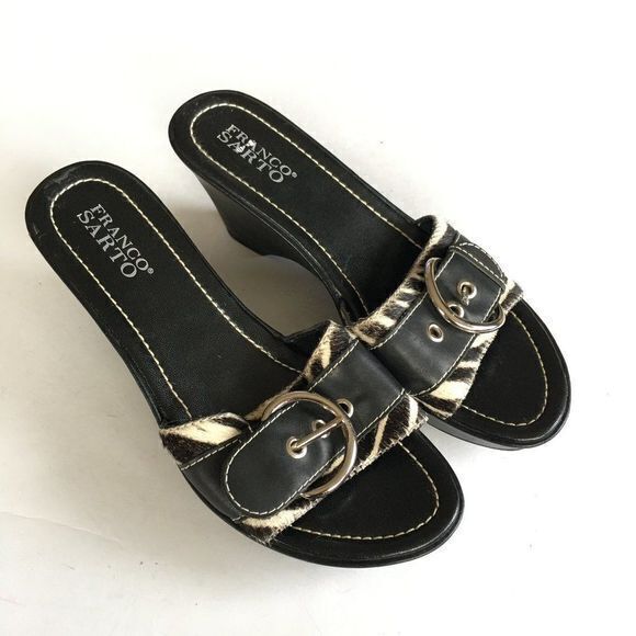 Franco Sarto Zebra Pony Skin Wedge Sandal Slip on Black Leather Womens S…‎ - Picture 1 of 6